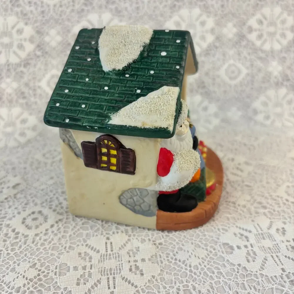 Vintage Christmas Santa House Tealight Candle Holder Ceramic Holiday Luminary